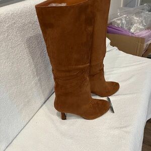 Knee-High Suede Heeled Boots in Cognac Brown
